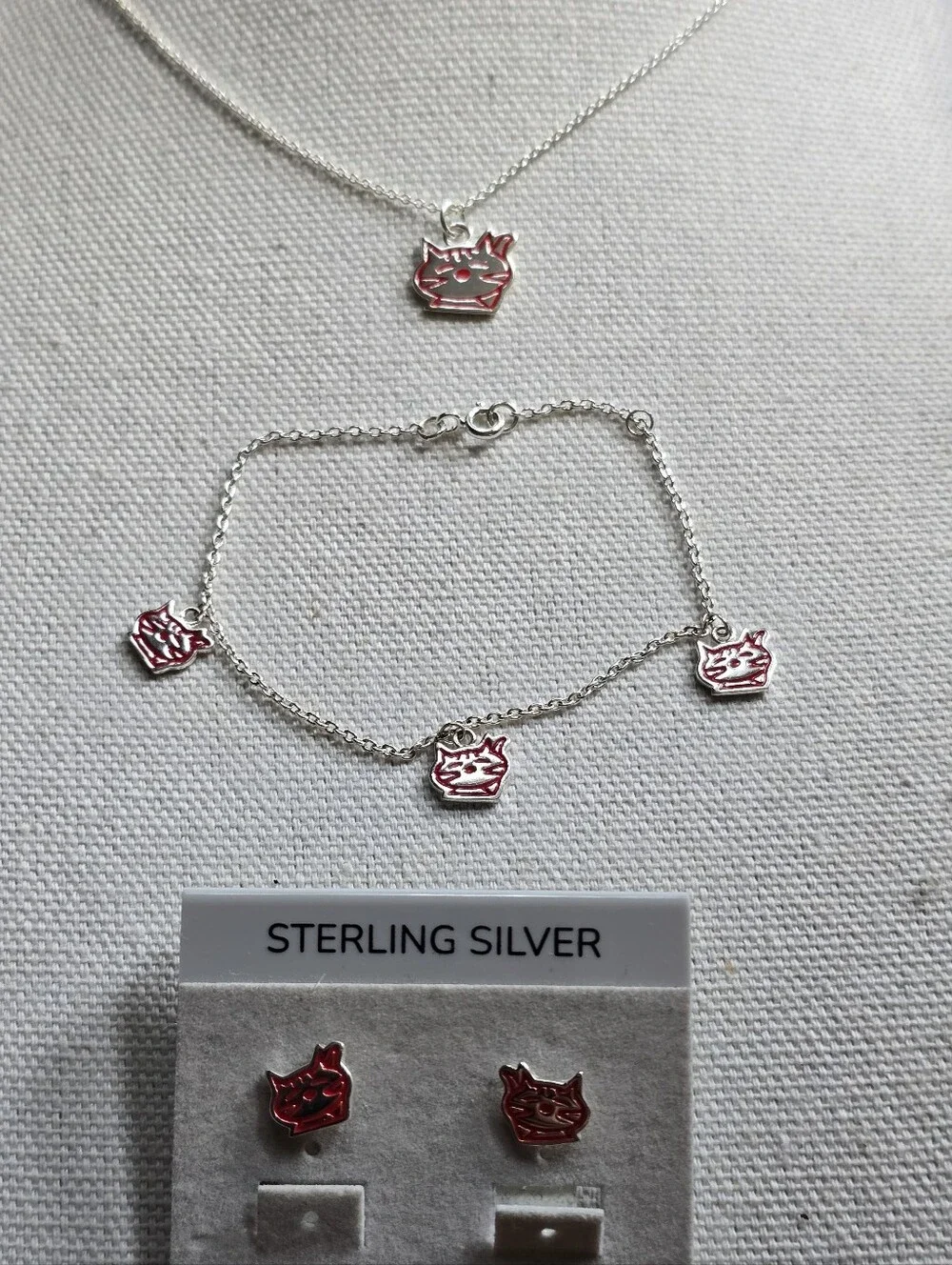 Sterling Cat Jewelry Set , Necklace, Bracelet Earrings